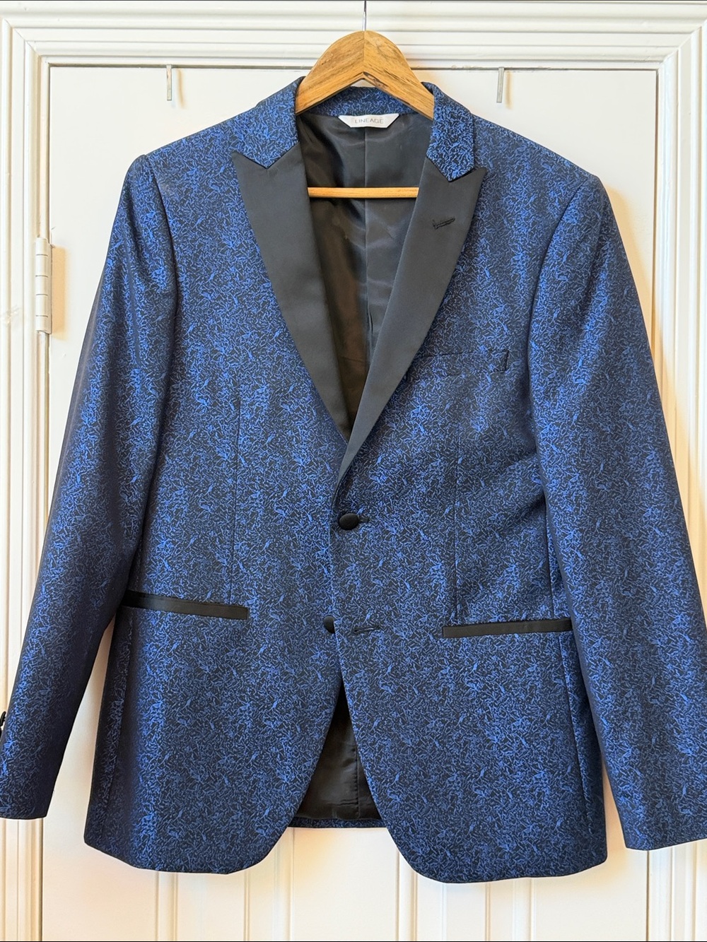 Lineage Mens Blue Jacquard Tuxedo Dinner Jacket Blazer 38R Black Peak Lapel